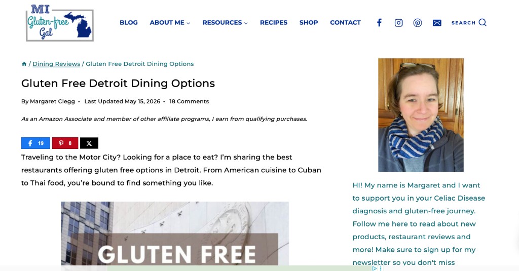 MI Gluten Free Gal blog post titled Gluten Free Detroit Dining Options by Margaret Clegg, last updated May 15 2026, with an author bio in the sidebar describing her celiac disease journey