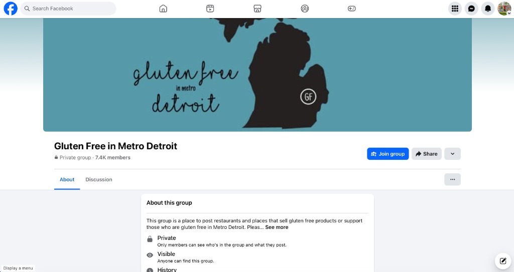 Facebook group Gluten Free in Metro Detroit, a private group with 7.4 thousand members, described as a place to post restaurants and places that sell gluten free products