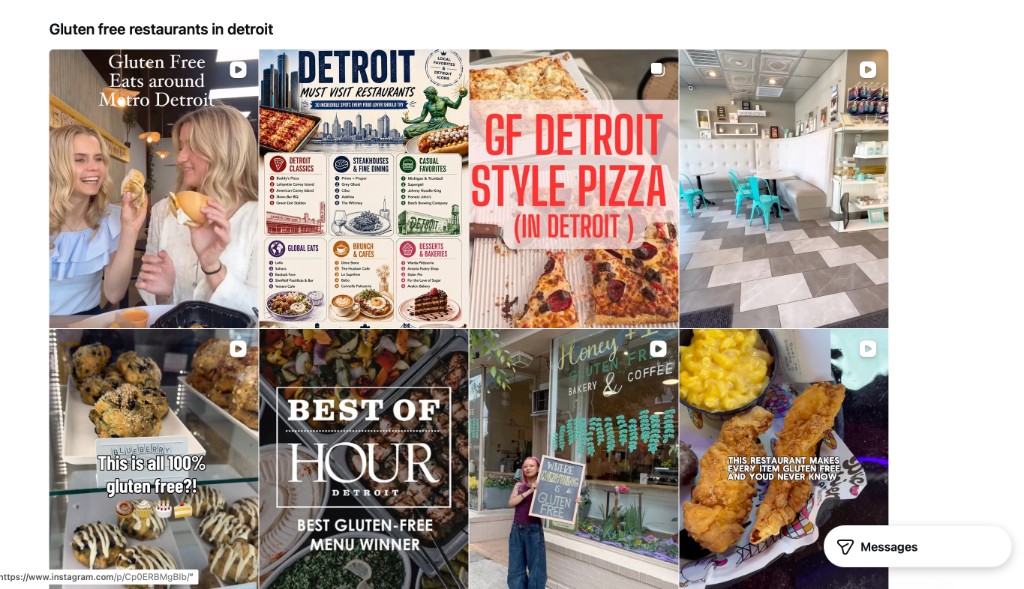Instagram search results grid for gluten free restaurants in Detroit showing reels and posts about gluten free eats around Metro Detroit, gluten-free Detroit-style pizza, a dedicated gluten free bakery and a 100 percent gluten free menu
