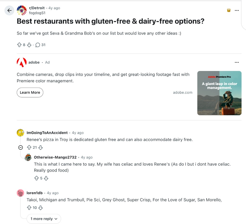 Reddit r/Detroit thread from four years ago asking for restaurants with gluten-free and dairy-free options, with a highly upvoted reply about Renee's pizza in Troy being dedicated gluten free