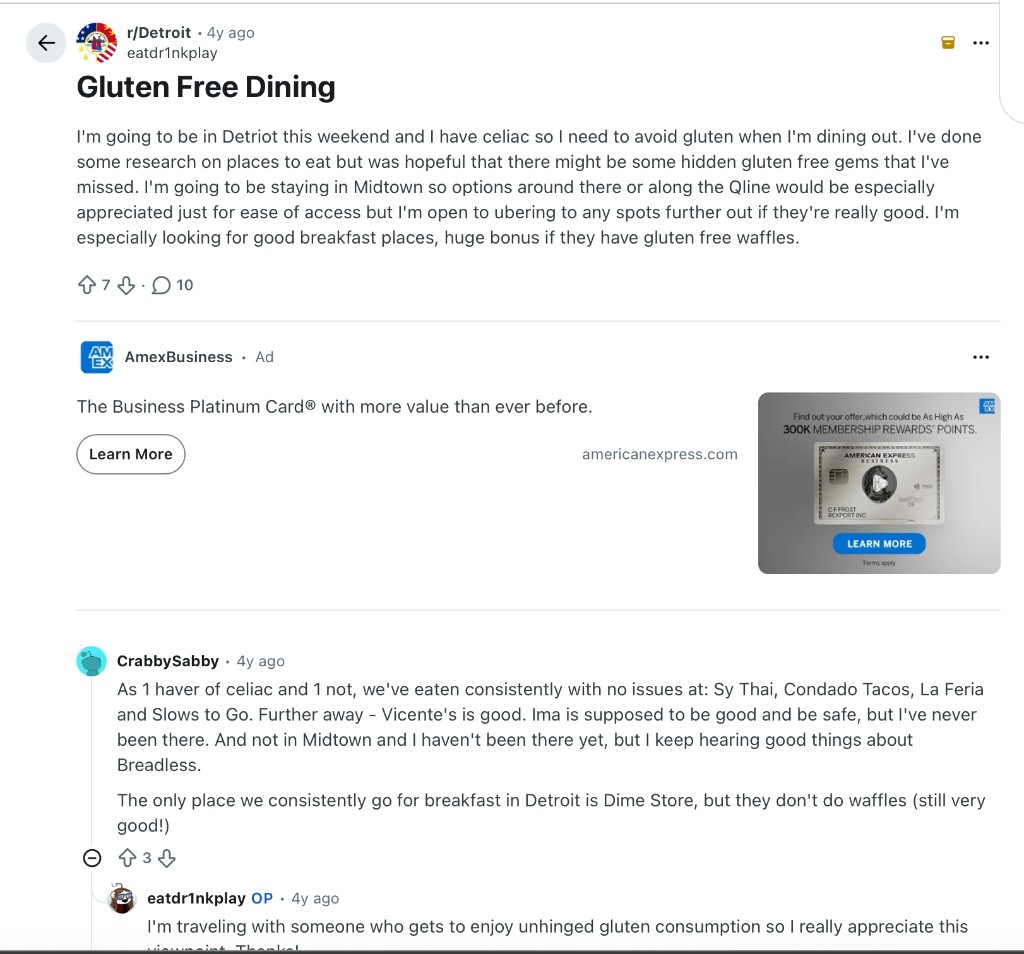Reddit r/Detroit thread from a celiac visitor staying in Midtown asking for safe breakfast options, with a detailed reply listing places the commenter has eaten at consistently without issues