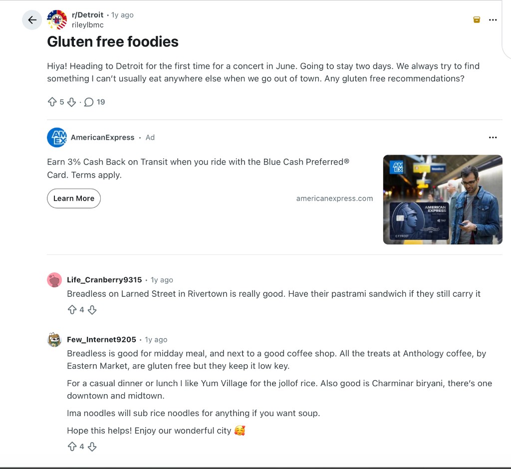 Reddit r/Detroit thread titled Gluten free foodies, posted a year ago, with replies recommending Breadless on Larned Street, Anthology Coffee, Yum Village, Charminar and Ima
