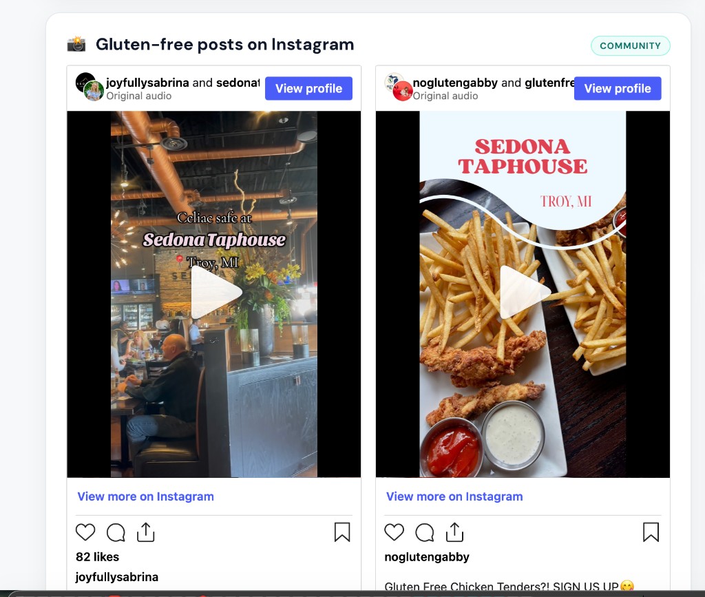 Gluto panel titled Gluten-free posts on Instagram, tagged COMMUNITY, showing two embedded reels from creators joyfullysabrina and noglutengabby about celiac-safe eating at Sedona Taphouse in Troy, Michigan, with likes and captions visible