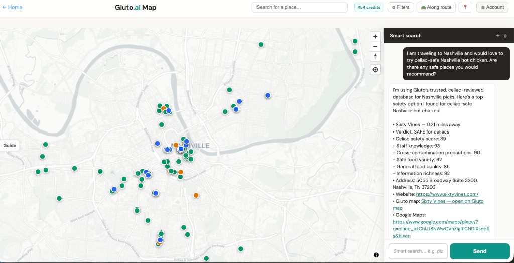 Gluto Map of Nashville Tennessee with pins; Smart Search panel showing celiac-safe hot chicken traveler question and Sixty Vines recommendation with SAFE verdict and dimensional scores