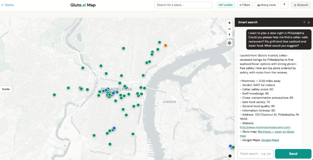 Gluto Map centered on Philadelphia with green blue orange pins left; Smart search chat panel right showing date night seafood Asian prompt and numbered restaurant answer with credits Filters Along route toolbar