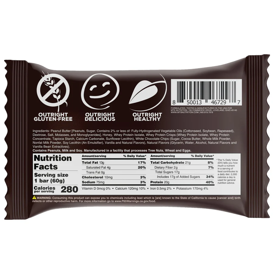 Back of Outright crisp protein bar wrapper showing nutrition facts, barcode 8 50013 46729 7, ingredients, gluten-free style icons at top, peanuts/milk/soy contains statement, manufactured in facility that processes tree nuts wheat and eggs advisory, California Prop 65 lead warning