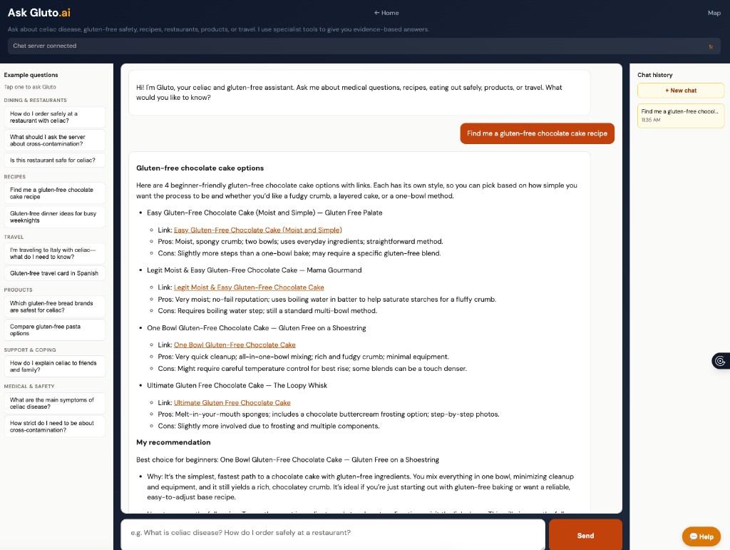 Gluto assistant researching gluten-free recipes from trusted sources