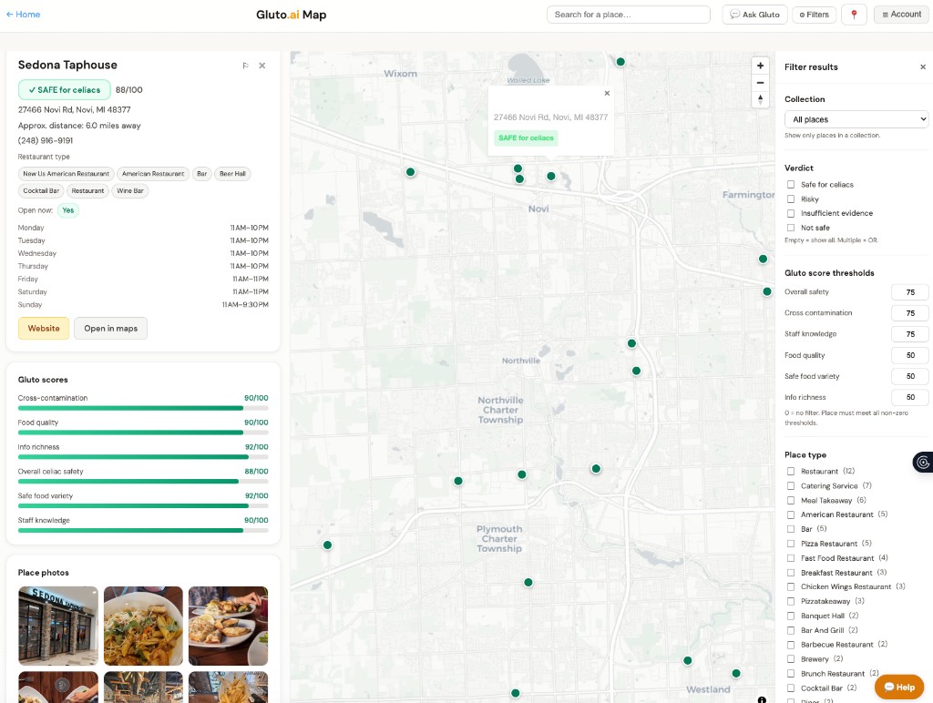 Gluto.ai map showing restaurant safety scores, menu analysis, and celiac-safe ratings