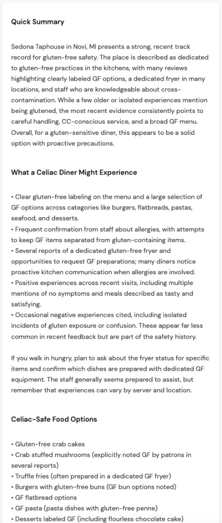 Example Gluto celiac safety report for a restaurant